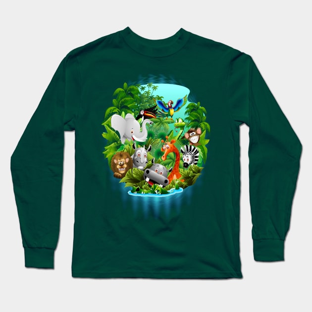 Wild Animals Cartoon on Jungle Long Sleeve T-Shirt by BluedarkArt